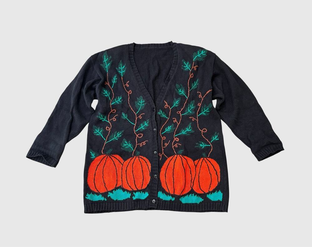 Pumpkin Cardigan Sweater Black Oversized Embroidered Fall Halloween Top -